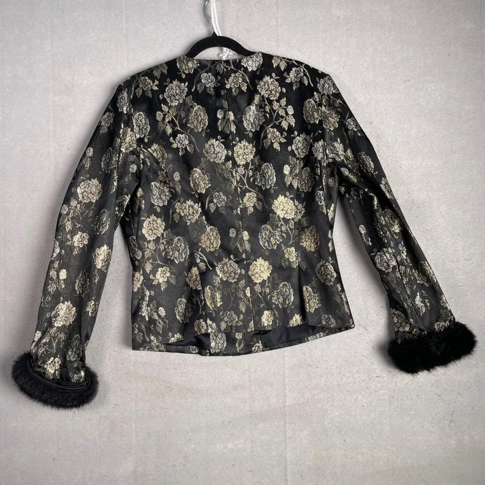Crimson by Lawrence K Blouse Floral Brocade Faux Fur‎ Cuffs Party Top Size 12